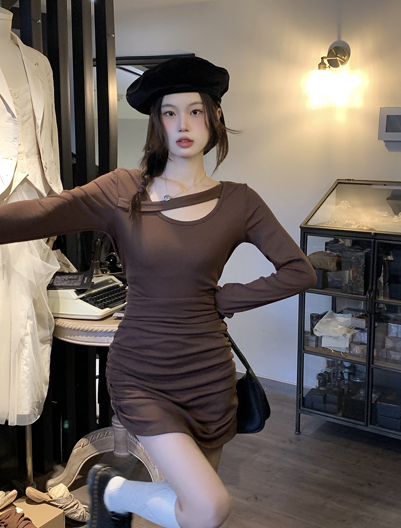 實拍三標齊純欲風性感顯瘦褶皺修身包臀連衣裙女