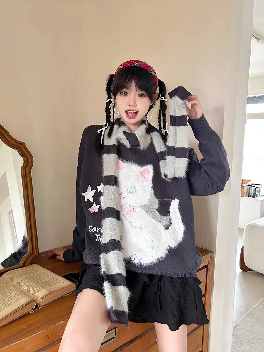 小貓藍毛衣女秋冬季圍巾針織衫軟糯上衣小眾高級感秋裝長袖女裝潮