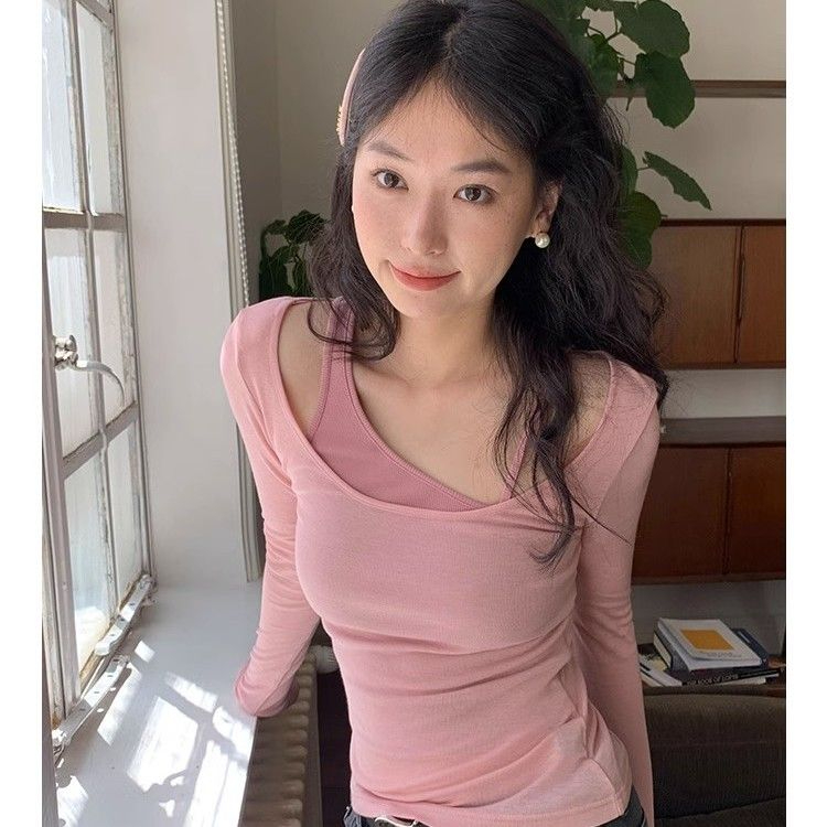 官圖 設計感假兩件撞色修身2023秋季長袖T恤女不規則打底衫上衣
