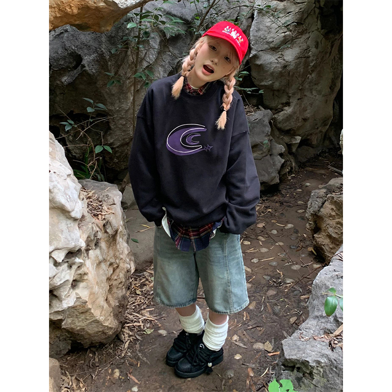 美式學院風衛衣oversize女秋冬月牙印花情侶寬鬆長袖加絨純棉上衣