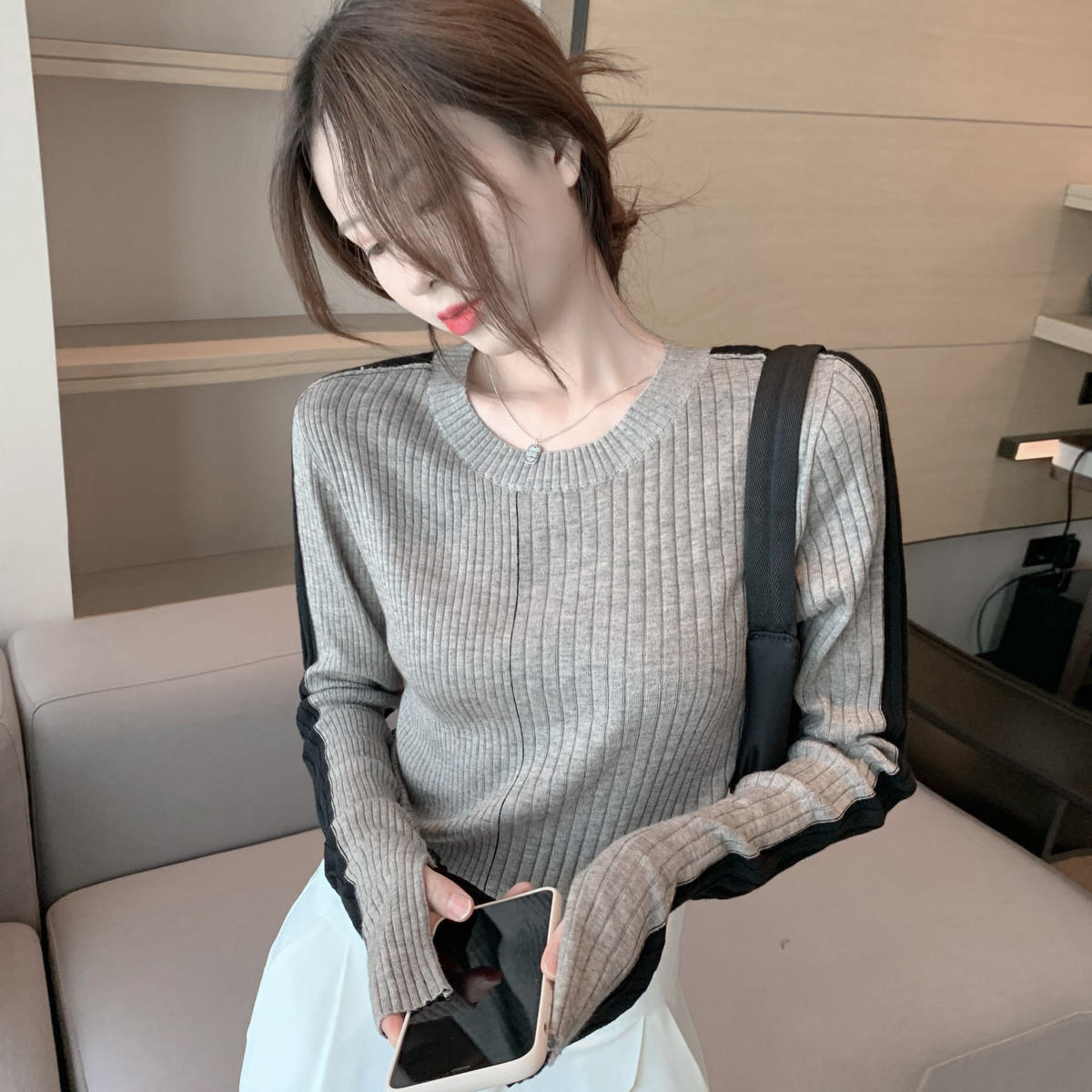 港味復古長袖針織衫女春秋內搭小眾設計感學生打底衫初秋上衣毛衣