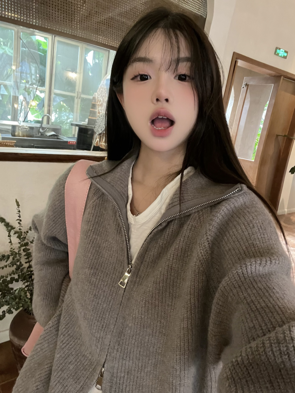 實拍三標齊又領拉鏈紋休閒純色針織毛衣開衫女