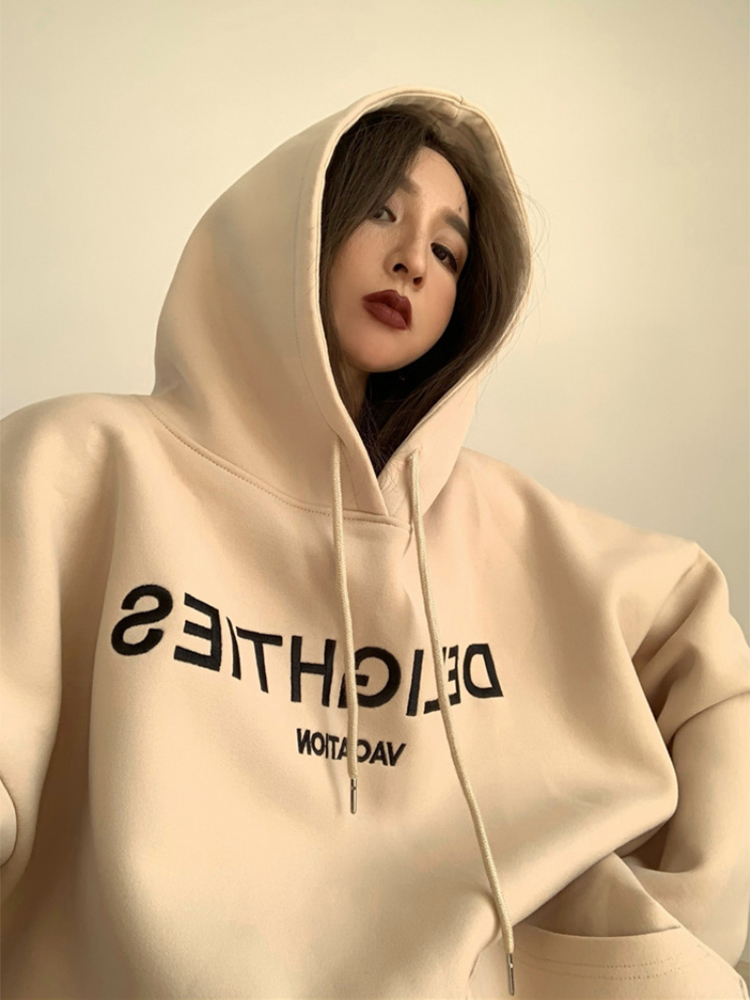 美式潮牌oversize杏色連帽衛衣女2023秋冬新款寬鬆遮屁股加絨上衣