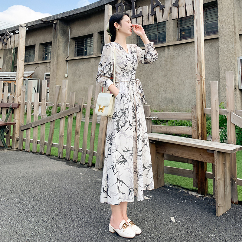 長袖新品性感辣媽跨境氣質開叉法式連衣裙韓版歐美顯瘦新款復古收