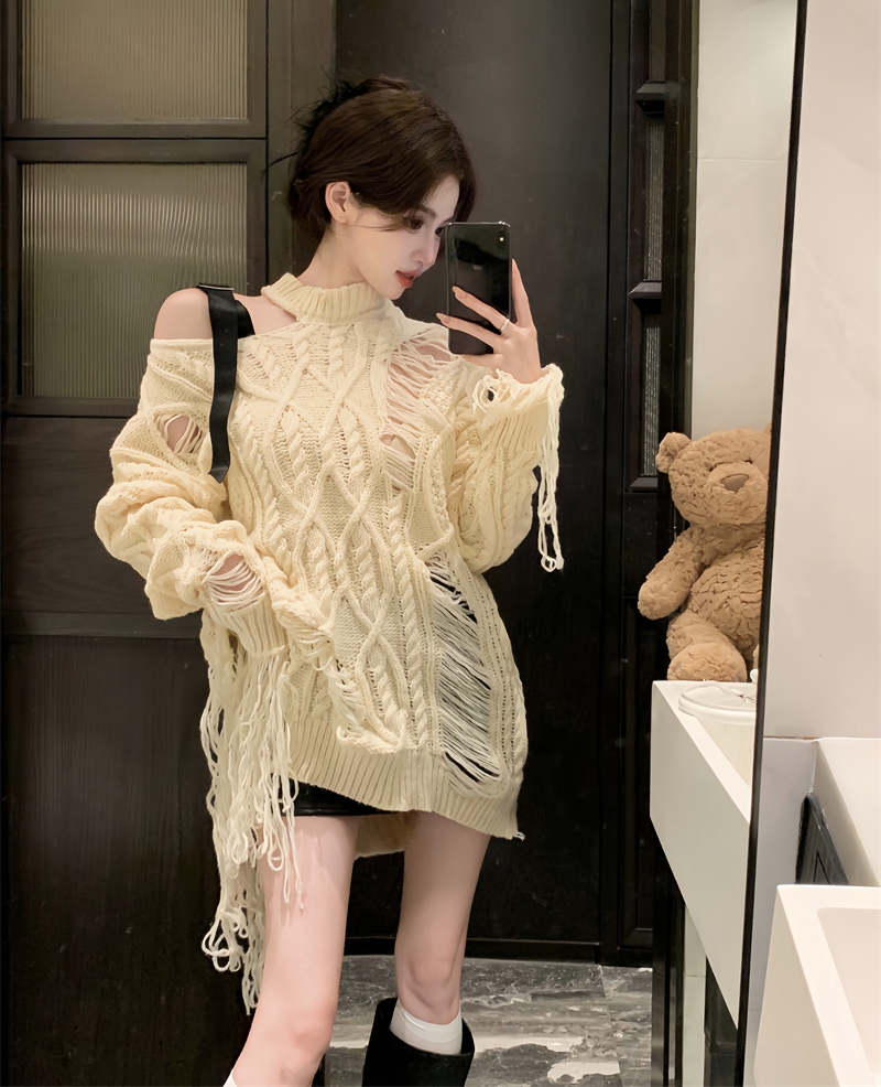 實拍 慵懶風純欲辣妹設計感小眾破洞露肩寬鬆針織衫毛衣女
