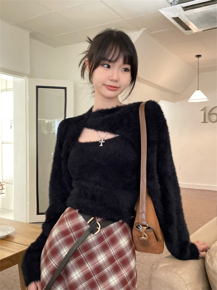 實拍純欲辣妹套裝女設計感不規則仿貂絨針織吊帶軟糯披肩