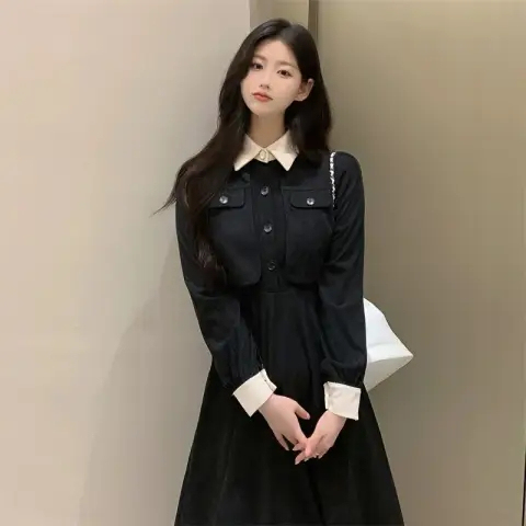 Corduroy autumn and winter new style small black fake two-piece dress French style small fragrant Hepburn waist long skirt