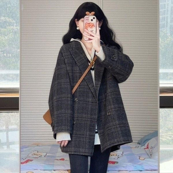 韓系大衣小香風鹽系輕熟風格子毛呢外套高級感慵懶韓風衣中長款衣