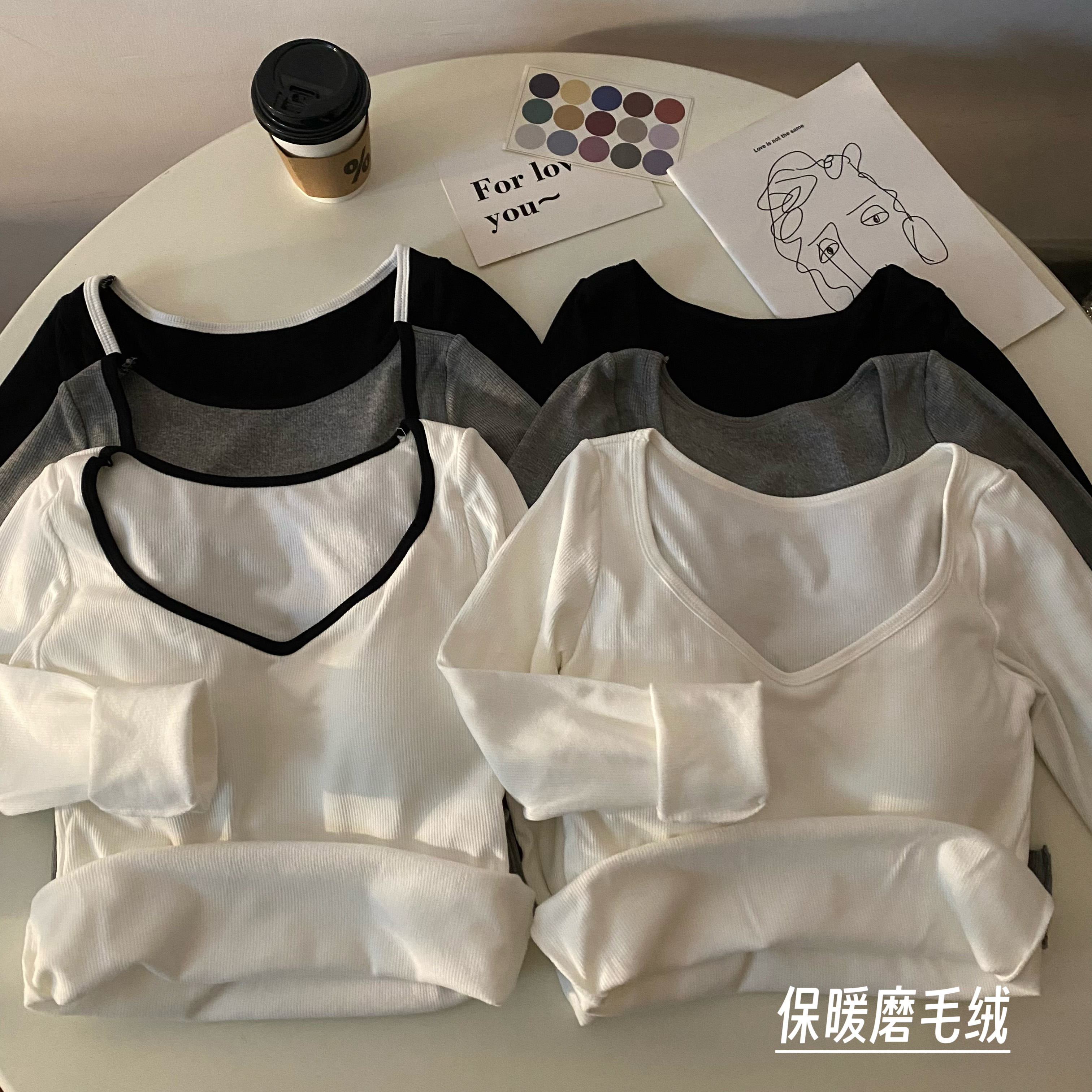 實拍秋冬保暖磨毛加絨加厚方領鎖骨內搭打底衫修身長袖上衣女