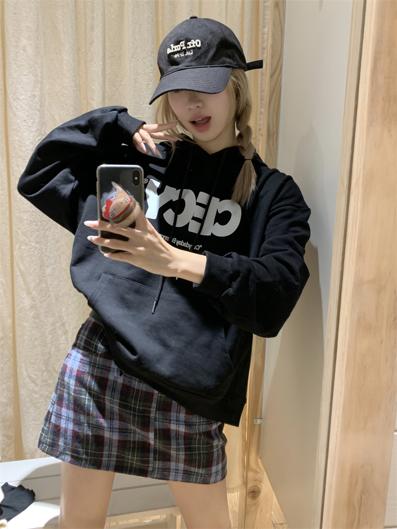 實拍~原創 美式復古字母印花寬鬆加絨連帽衛衣