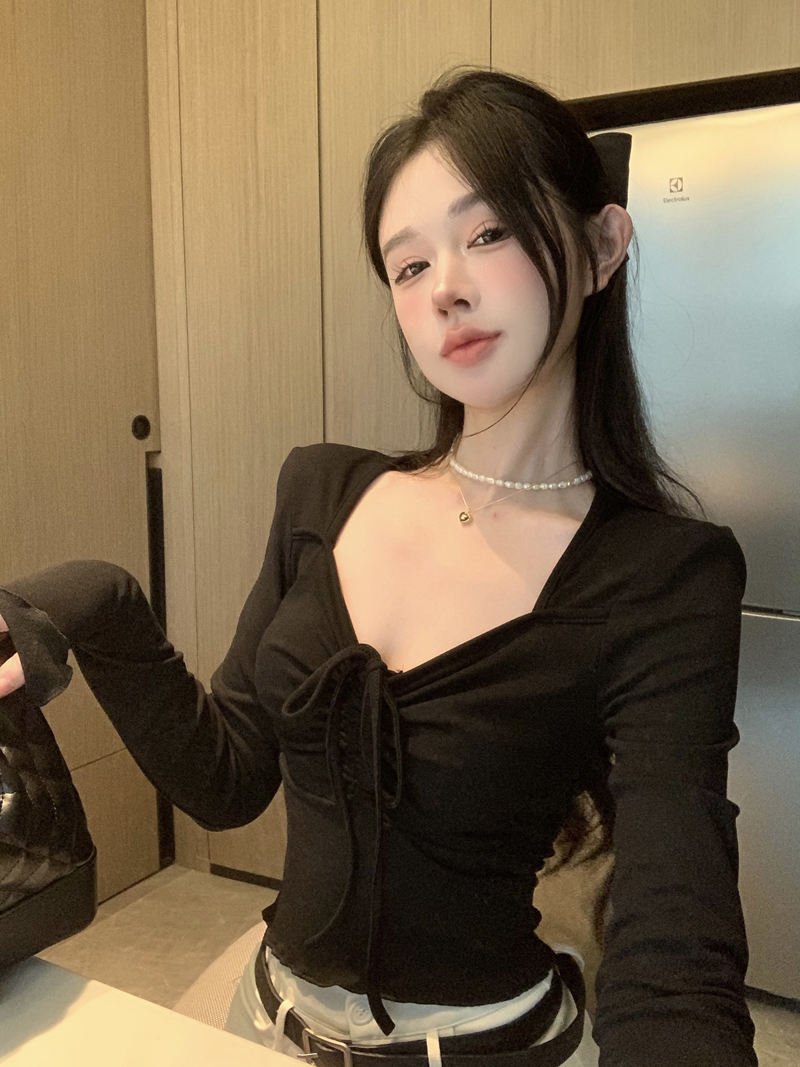 實拍 辣妹磨毛加絨修身方領長袖T恤女鎖骨短款顯瘦內搭上衣打底衫
