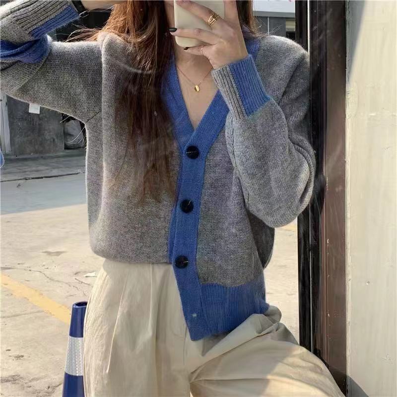 V領拼色毛衣外套女2023年春秋季新款寬鬆慵懶風外穿針織開衫上衣