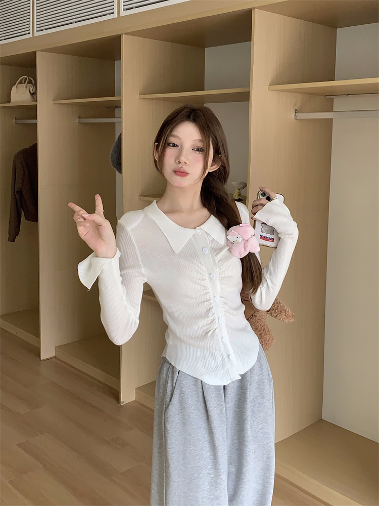 實拍！polo翻領褶皺針織上衣女秋冬修身顯瘦長袖打底毛衣