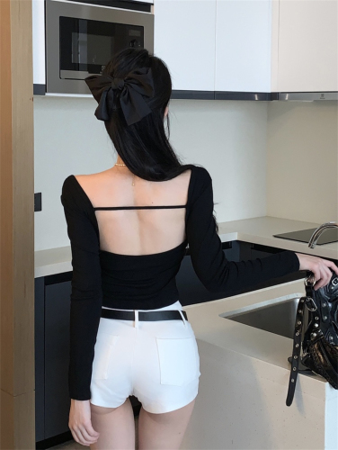 Real shot ~ American coffee color backless bottoming top, sexy big collar, anti-shoulder drop, one-heeled long-sleeved T-shirt with beautiful back