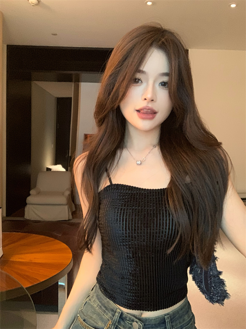 實拍  純欲風性感金絲絨帶墊肩小吊帶性感辣妹內搭美背