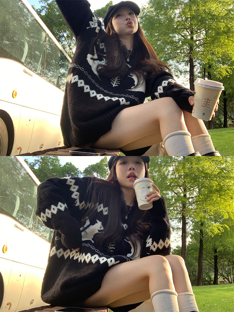 實拍 秋冬韓chic簡約聖誕款松鼠保暖毛衣針織衫