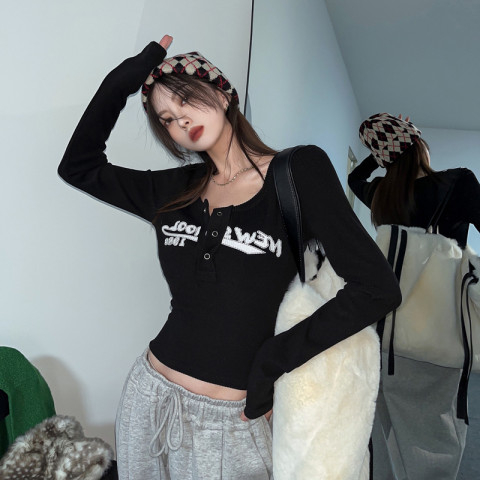 坑條250克 時尚超火韓版長袖印花T恤女性感短款修身顯瘦內搭上衣