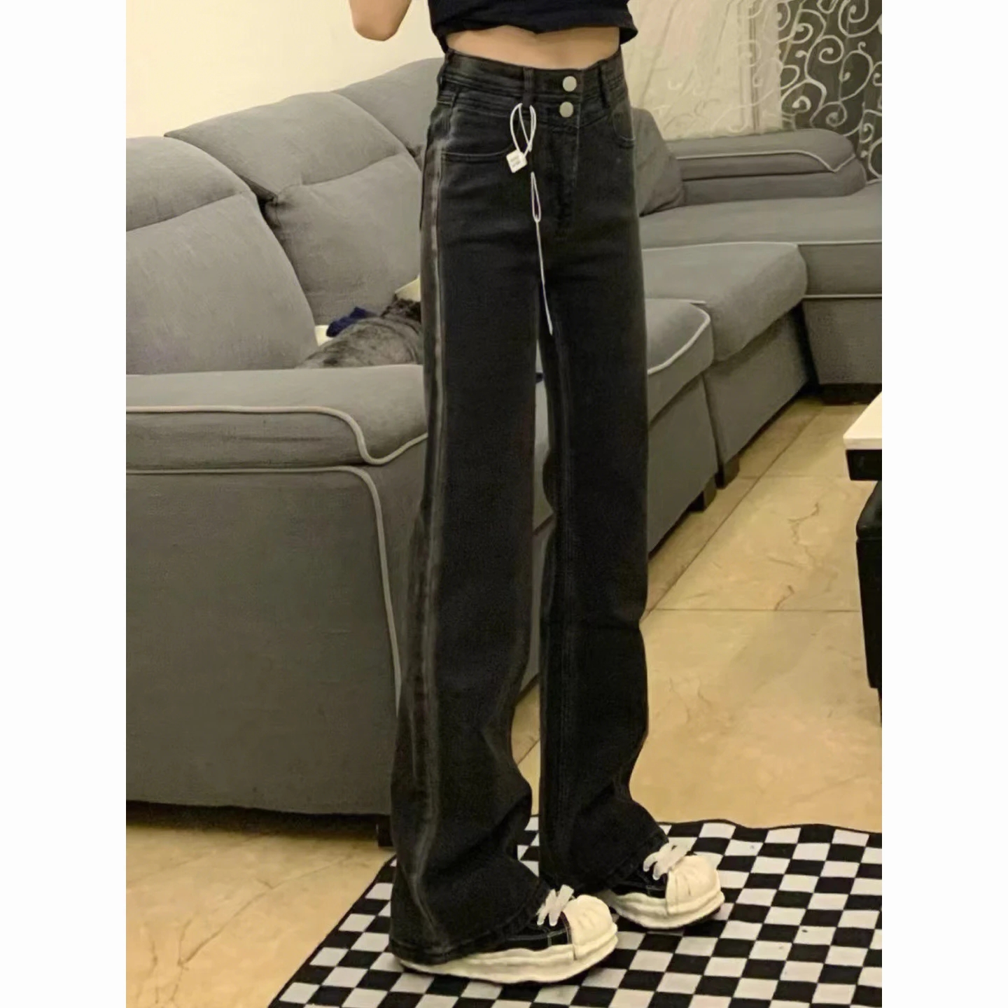 美式復古高街微喇叭休閒牛仔褲女春秋新款高腰顯瘦設計感馬蹄褲子