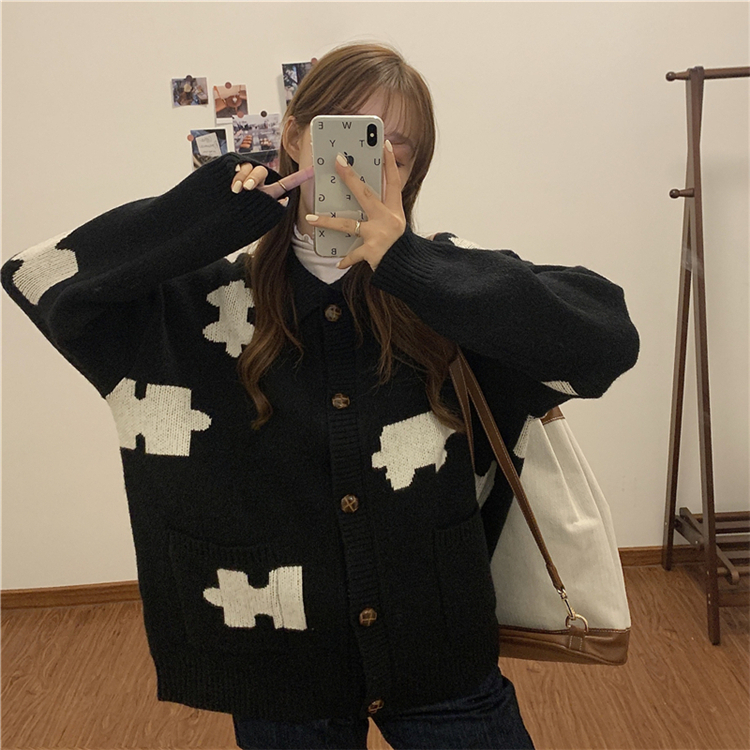 韓系寬鬆復古POLO領拼圖設計感甜美開衫毛衣外穿女冬季2023新款潮
