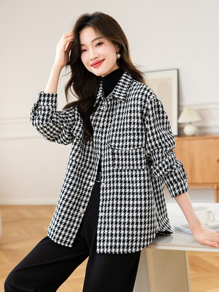 Houndstooth Plaid 2023 Autumn and Winter New Women's Bright Silk Lapel Loose Woolen Short Jacket