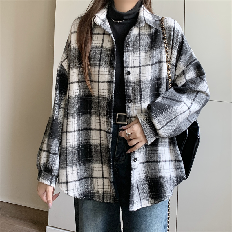 實拍 磨毛厚毛呢格子襯衫寬鬆中長款秋冬季新款百搭襯衣外套