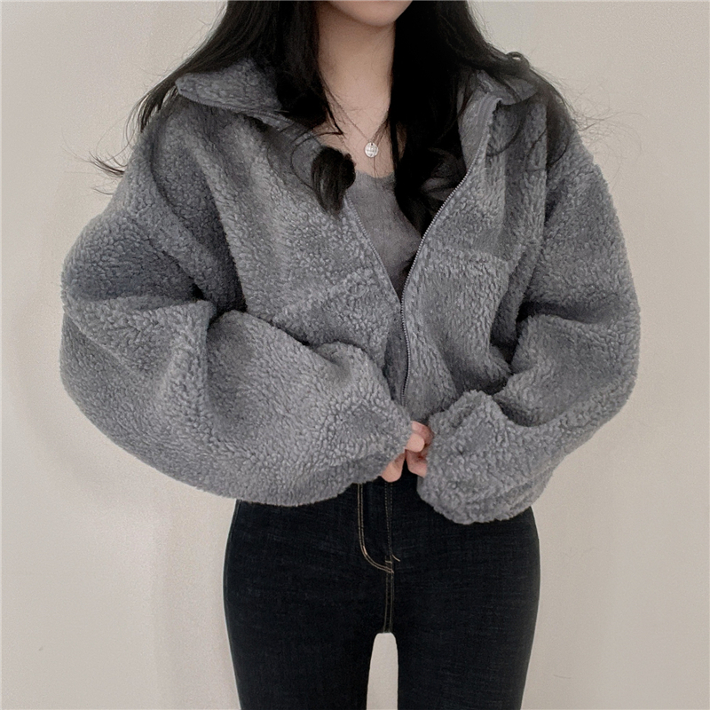 Lamb wool sweatshirt for women 2023 autumn and winter thickened velvet loose cardigan zipper stand collar jacket trendy top