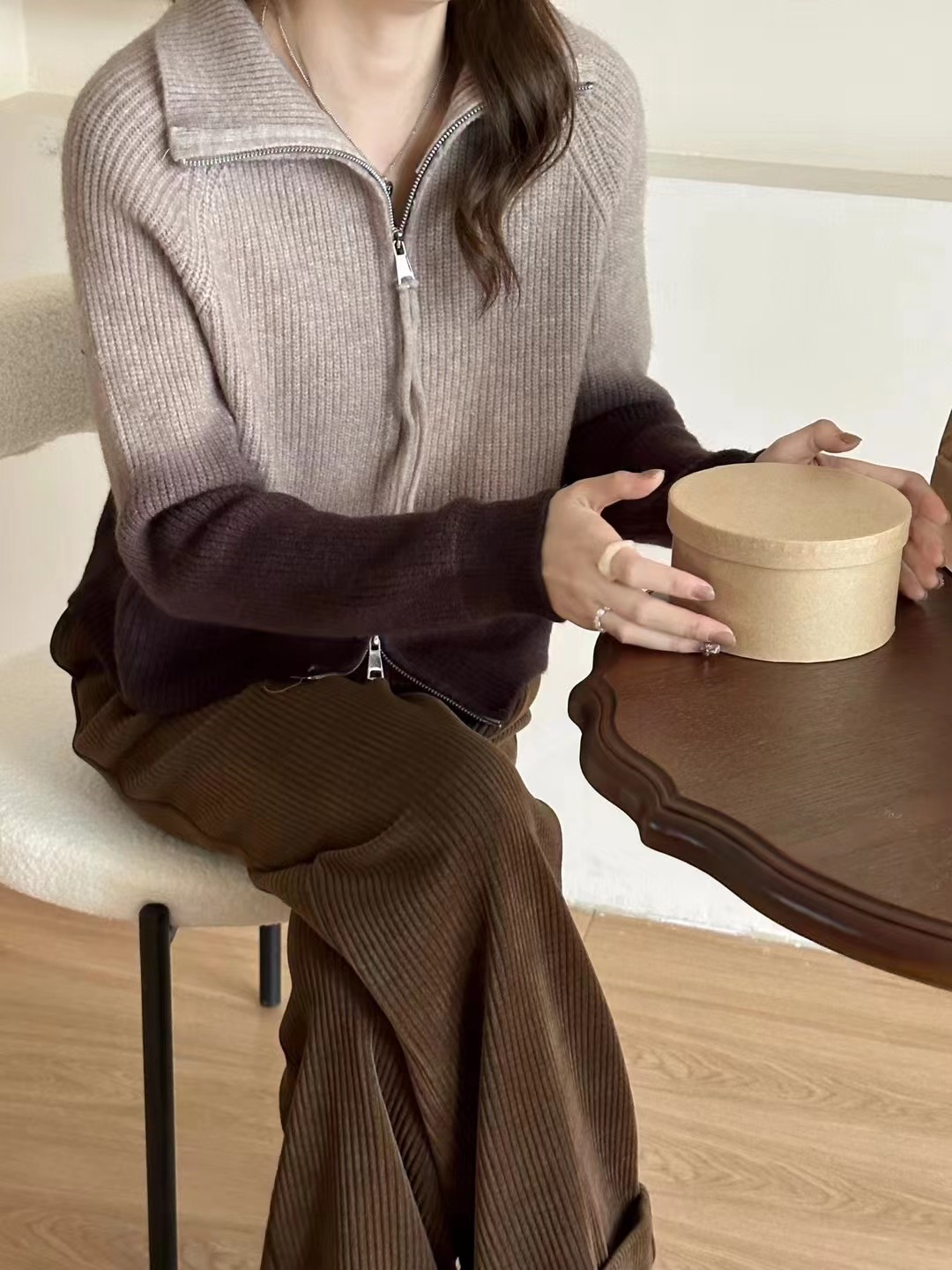 秋冬時尚復古漸變色厚實毛衣外套女長袖小眾設計感拉鏈針織開衫潮