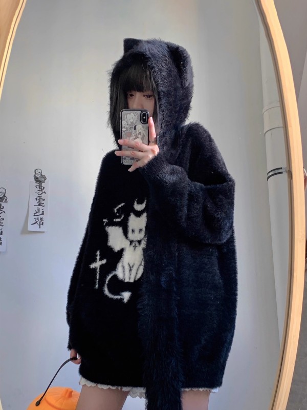 惡魔貓貓 咪小瓜原創黑色仿貂毛圓領毛衣女毛茸茸寬鬆保暖上衣冬