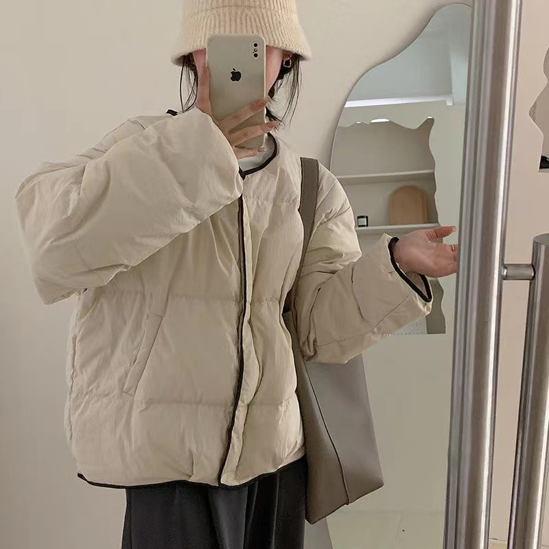 2023年秋冬新款圓領羽絨服女短款小個子韓版寬鬆麵包服百搭外套潮