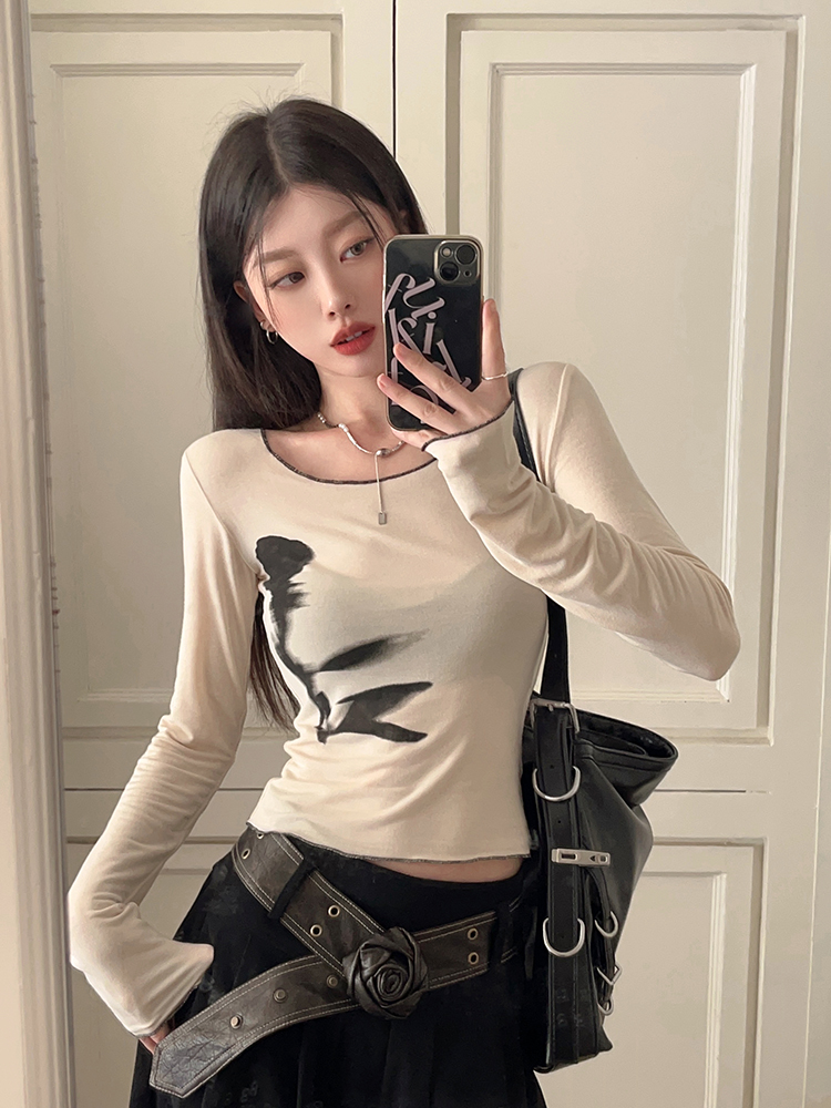 實拍暈染玫瑰花小眾設計感高彈親膚針織打底衫T恤