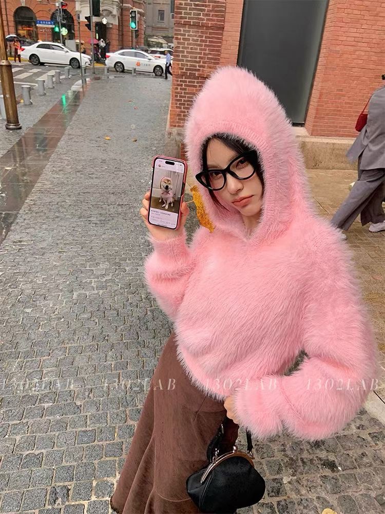 軟糯奶fufu連帽針織衫女秋裝高級感小眾仿水貂絨毛衣寬鬆套頭衛衣