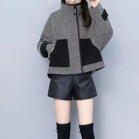 毛呢外套短款洋氣小個子千鳥格減齡時尚百搭小香風時尚外套