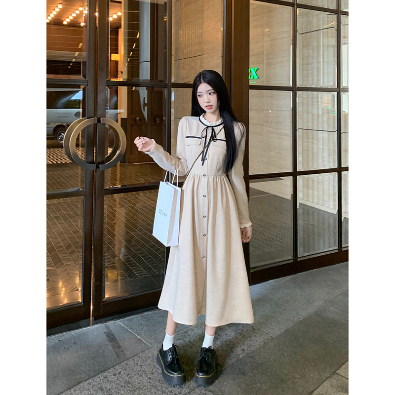Xiaoxiangfeng dress women's autumn and winter 2023 new ladylike temperament waist slimming mid-length lace-up long-sleeved skirt