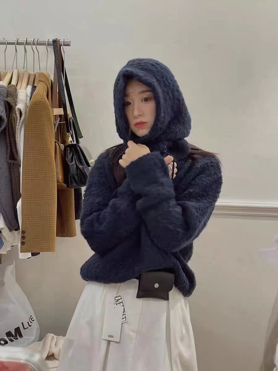 可拆卸 韓國兩件套純色加厚長袖毛衣女配帽子