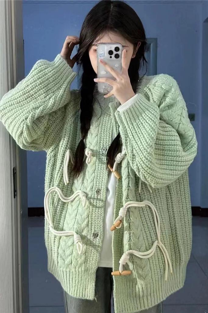 秋冬新款韓系甜妹慵懶風奶呼呼毛衣外套女減齡牛角扣針織開衫