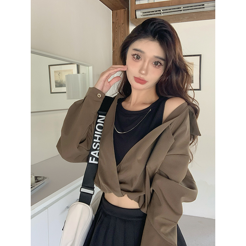 設計感撞色拼接假兩件上衣女小個子短款顯瘦圓領t恤