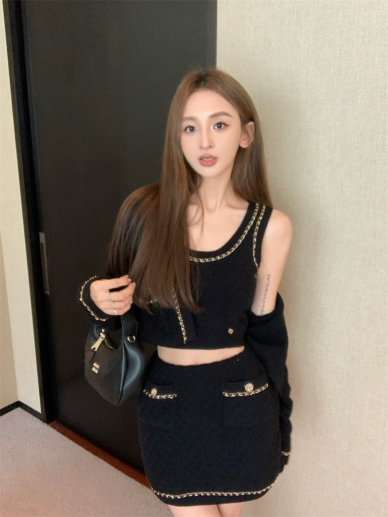 實拍 復古氣質小香風背心半身開衫三件套套裝