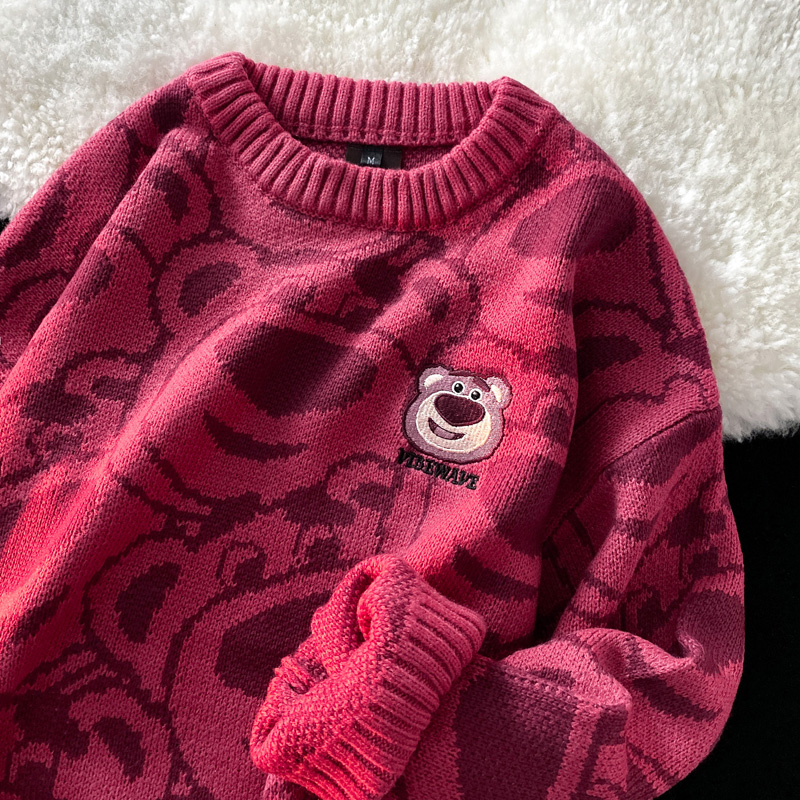 Neresum strawberry bear all-over printed round neck sweater women's trendy brand Japanese niche burgundy lazy sweater autumn and winter