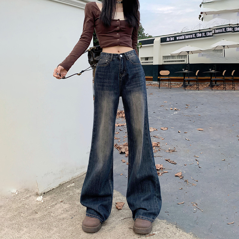 高質量美式復古高腰喇叭褲寬鬆闊腿褲百搭牛仔褲女&長褲加長