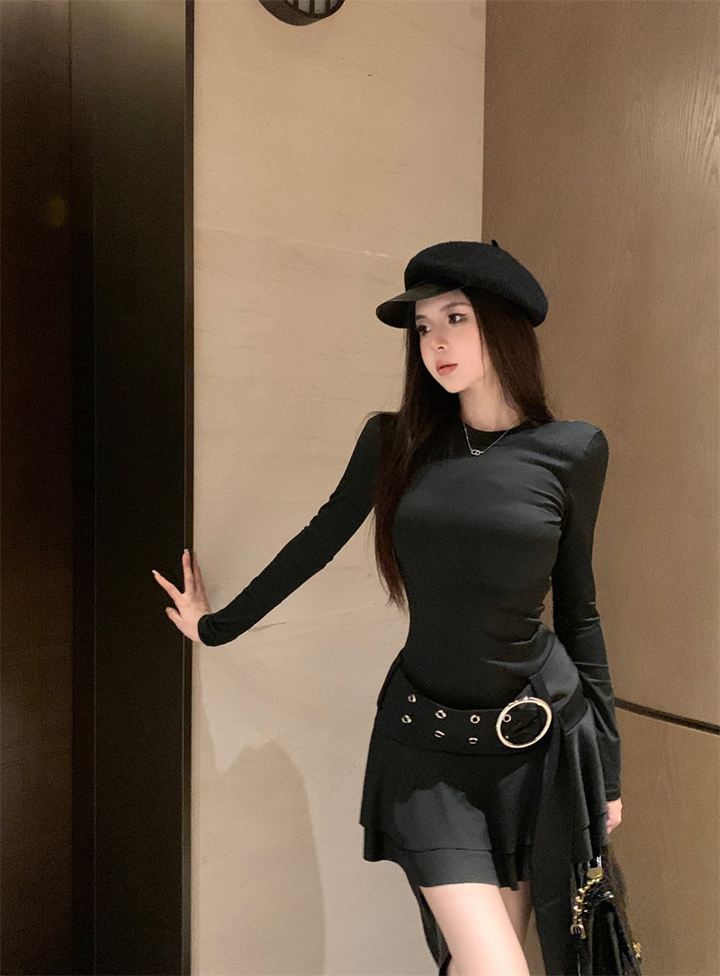 Real shot ~ retro sexy hottie tight A-line dress female pure lust belt design temperament short skirt