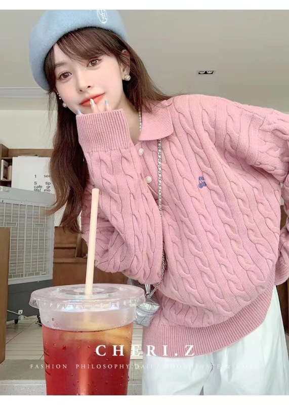 重磅美式復古polo領毛衣女秋冬韓系復古藍色上衣含羊毛絞花針織衫