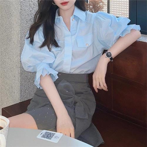 甜美法式泡泡袖藍色襯衫女夏薄款正肩上衣高級設計感小眾短袖襯衣
