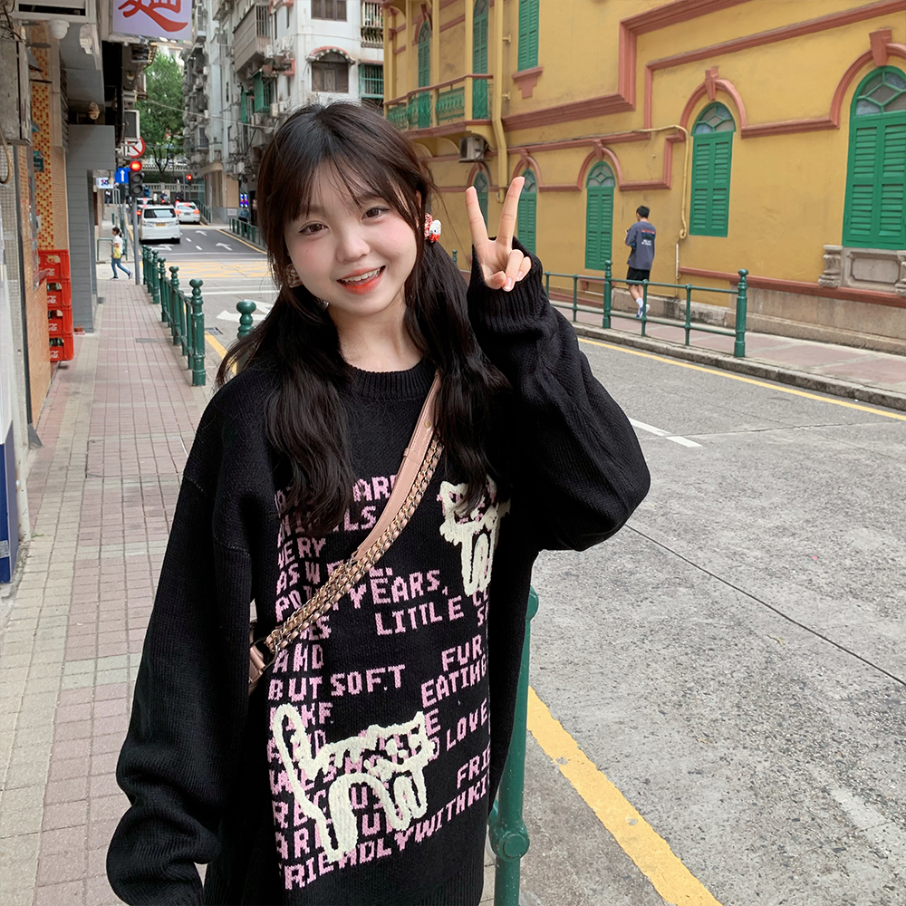 芝麻點大版加厚甜辣妹貓咪字母刺繡套頭毛衣復古寬鬆長款針織衫