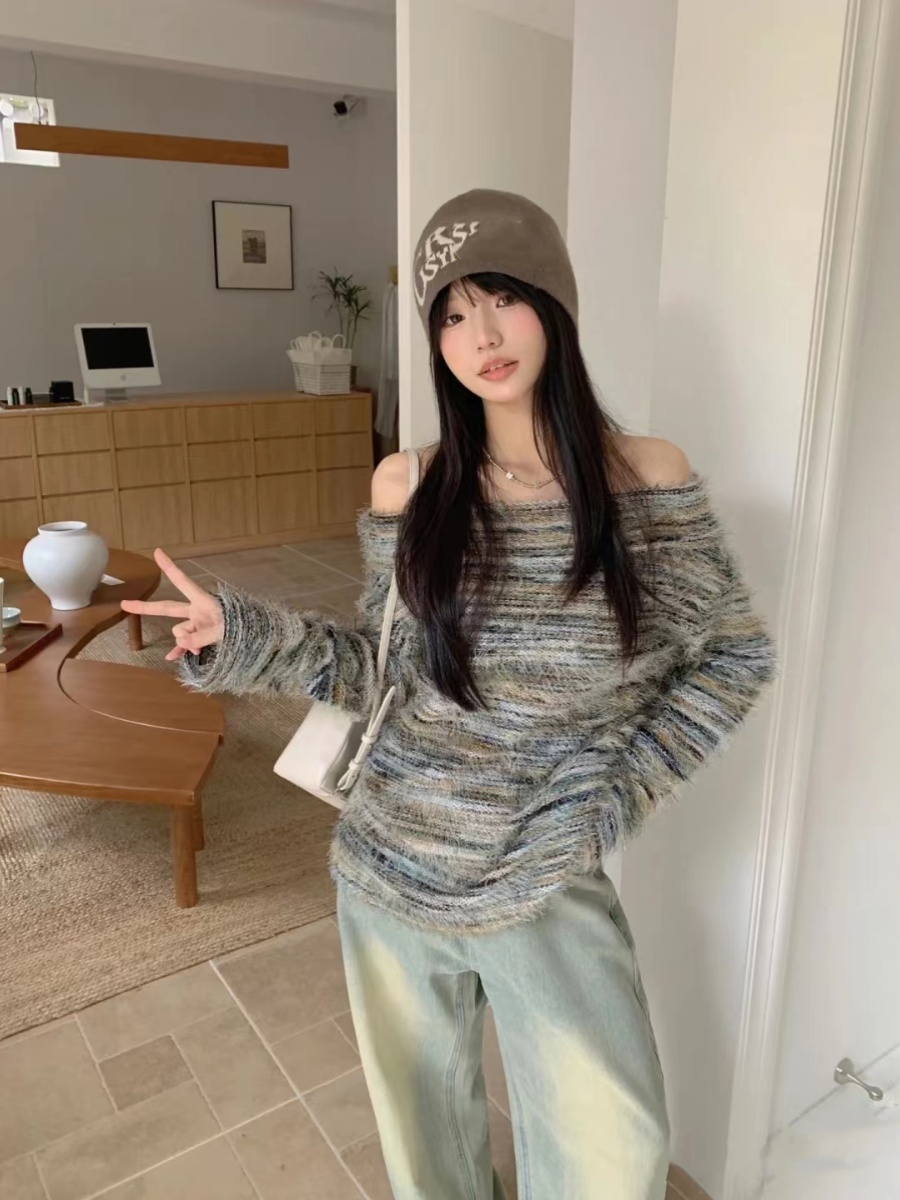 毛衣針織衫女2023秋冬新款時尚日系慵懶風別致條紋一字肩長袖上衣