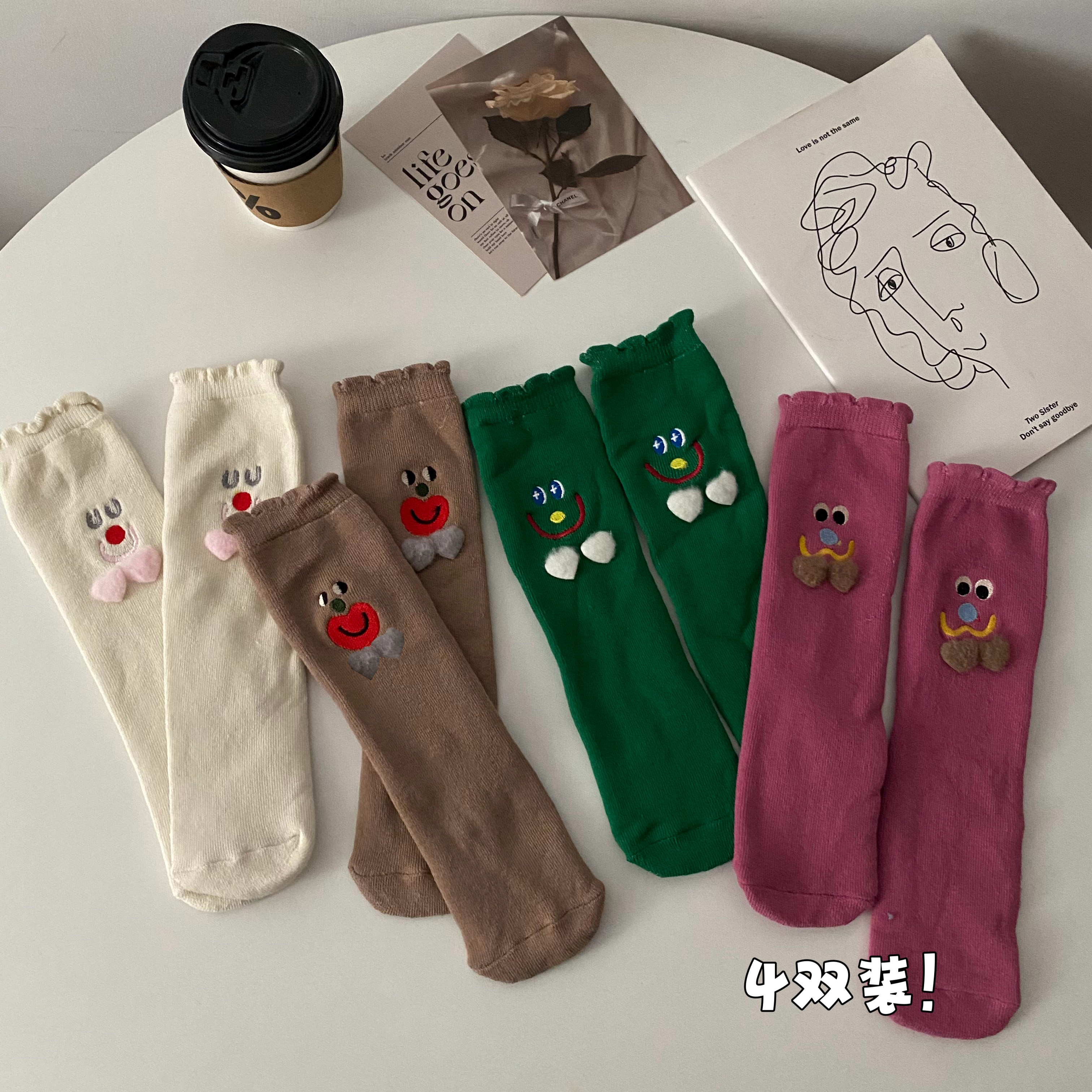 實拍 秋冬保暖加厚純棉襪子=可愛卡通少女地板中筒襪4雙裝