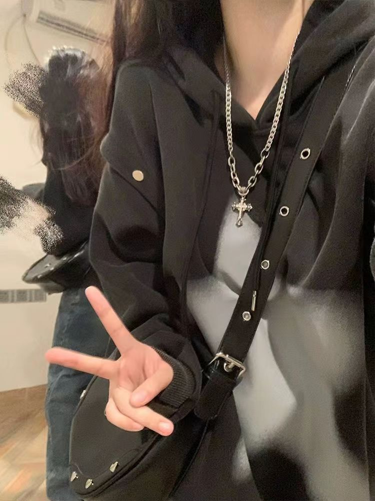 美式復古甜酷風可拆卸連帽衛衣女秋冬潮牌寬鬆百搭情侶設計感外套
