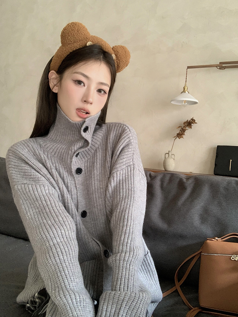 實拍 三標齊 韓系慵懶風灰色長袖針織衫毛衣外套格子休閒直筒褲