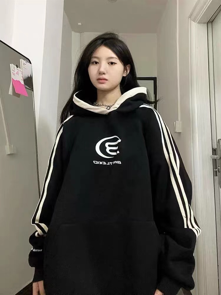 華棉複合銀狐絨官方美式復古三條槓衛衣女連帽小眾新款加絨