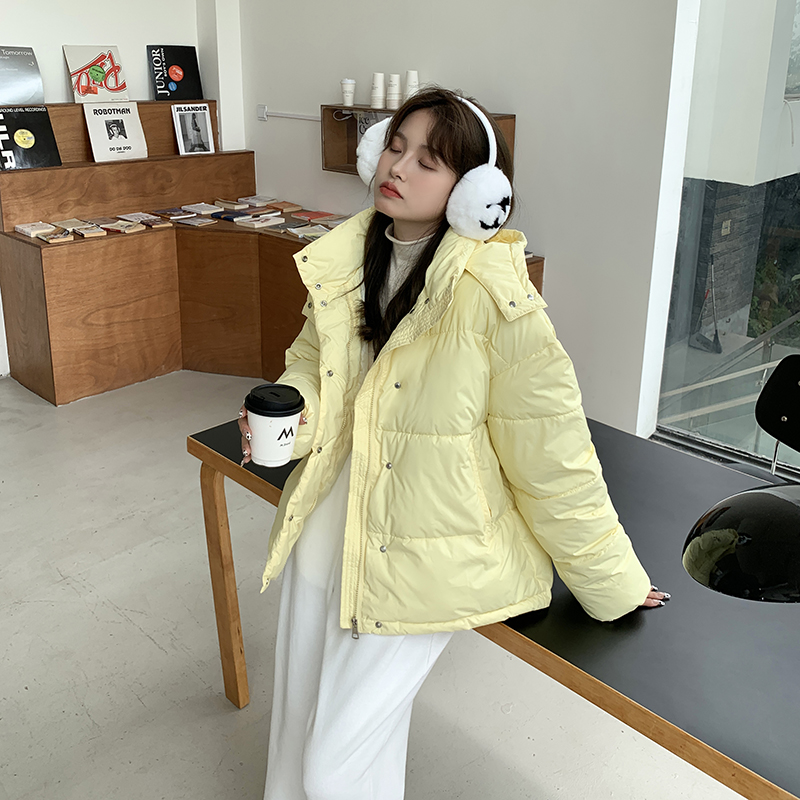 實拍2023年冬季新款奶黃色連帽麵包服棉服學生羽絨服女短款小個子