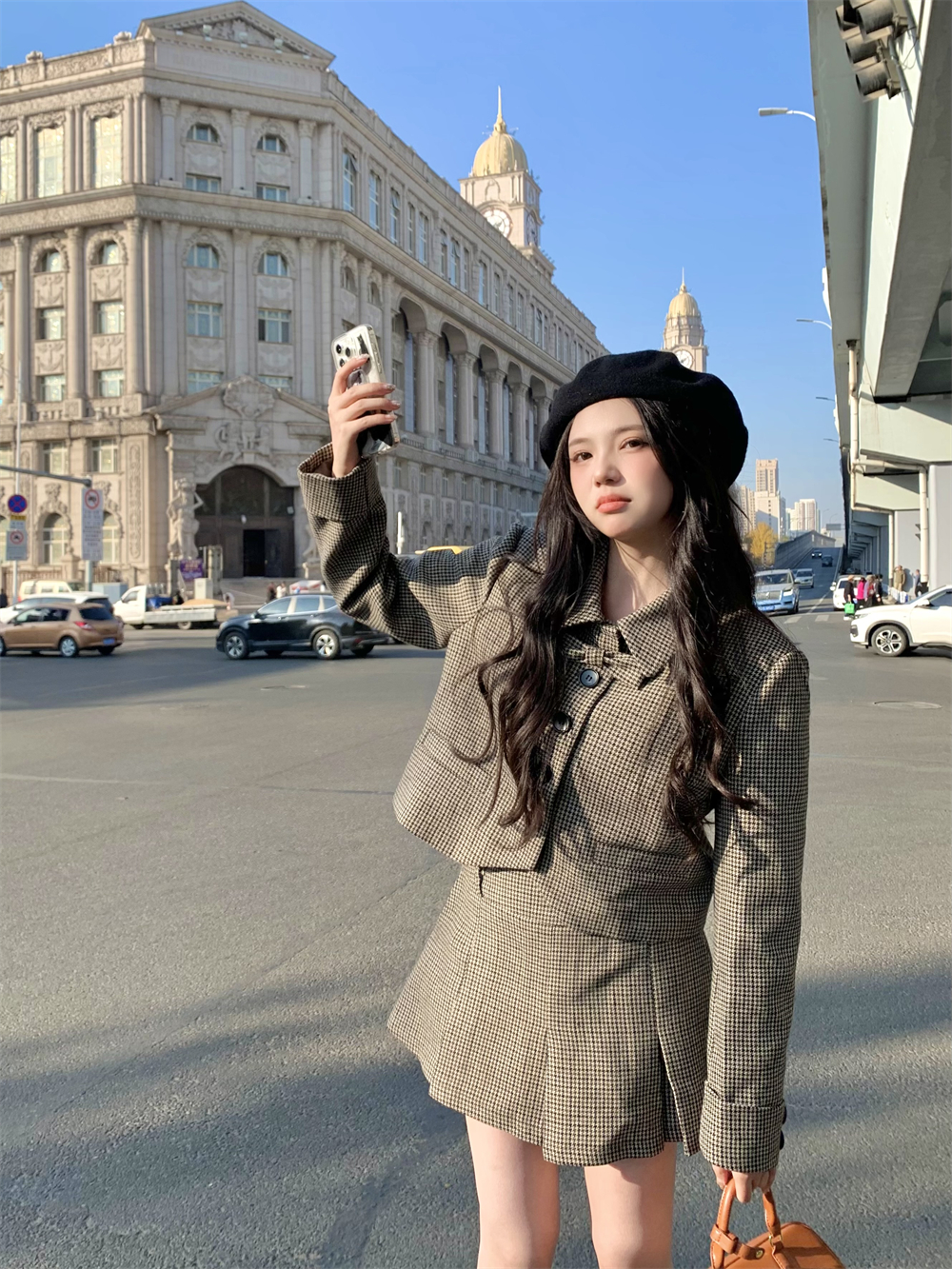 實拍留洋千金千鳥格套裝秋冬英倫風復古格紋百褶裙套裝女